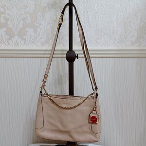 Henri Bendel Taupe Tan Crossbody Leather Bag with Gold Chain Logo Charm